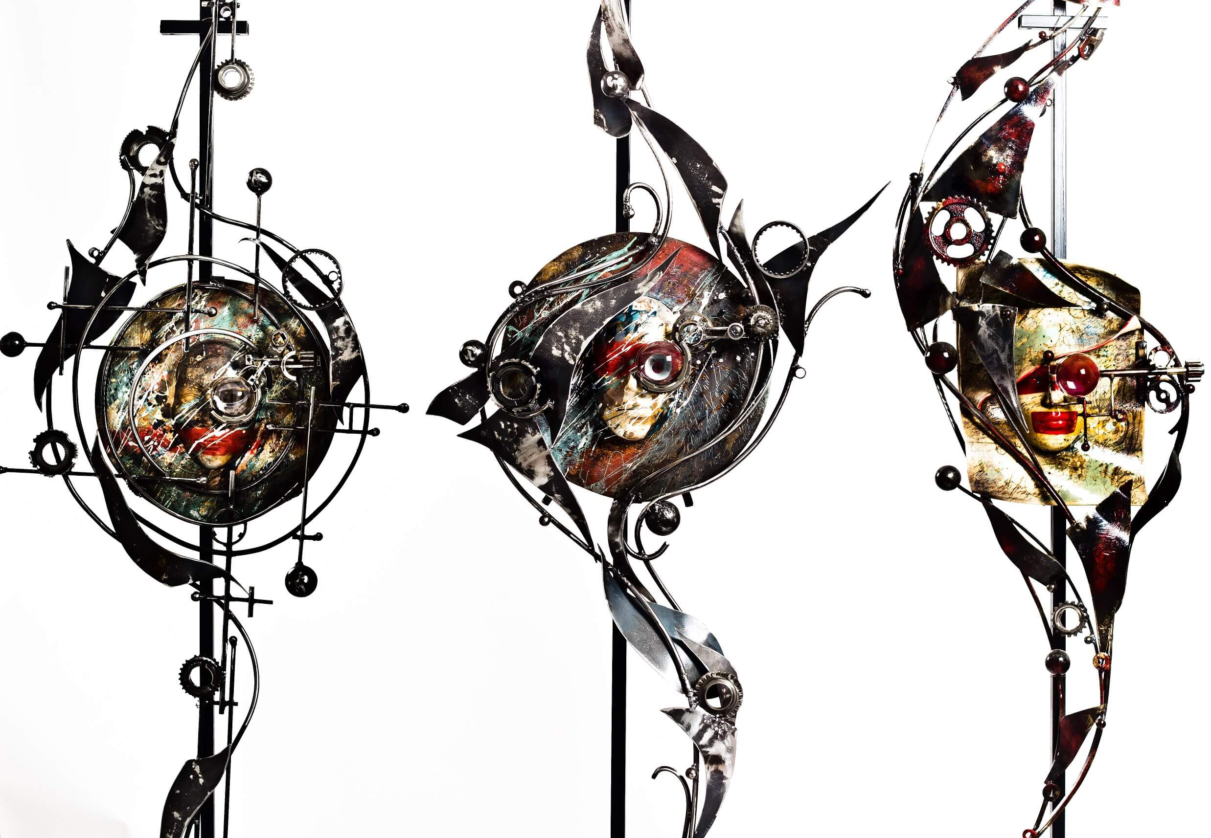 "Materia si spirit", technique repousage,  materials metal and ceramics, 150x300x20cm